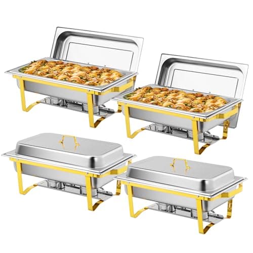 Image of Bonnlo Chafing Dish Buffet Set, 4 Pack 9L Stainless Steel Warming Containers, Food Warmer Buffet Server for Dinner, Parties, Camping - Silver and Gold