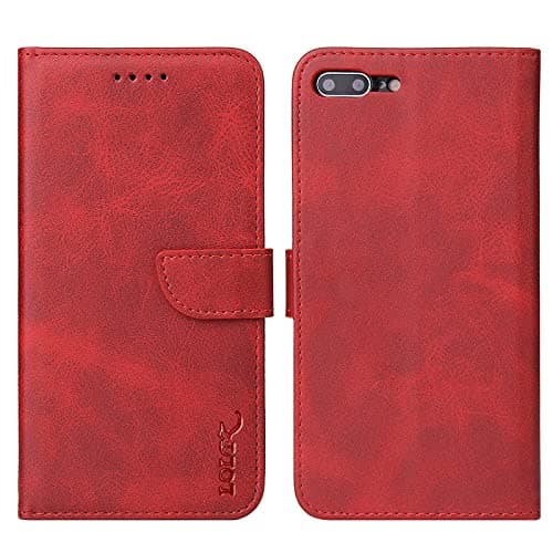 Image of LOLFZ Wallet Case for iPhone 7 Plus 8 Plus, Vintage Leather Book Case with Card Holder Kickstand Magnetic Closure Flip Case Cover - Red