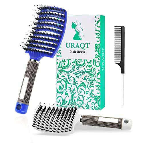 Image of URAQT Hair Brush, 2 Pcs Boar Bristle Paddle Hairbrush with Tail Comb, Soft Massage Vent Brush for Men Women, Detangle Hair Brush for Long Thick Curly Hair, Reducing Hair Breakage (Blue & White)
