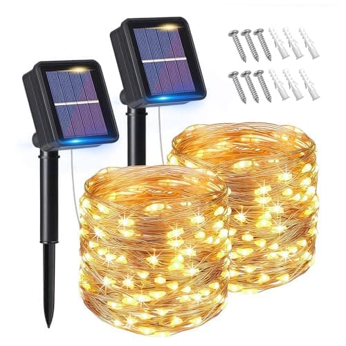 Image of flintronic Solar String Lights Outdoor, 2PCS Garden Lights (100 LED 8 Modes) 10M/33ft Auto on/Off Copper Wire Lighting, Waterproof Decorated Light for Christmas, Party, Home (Warm White)…