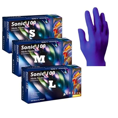 Image of Aasram Aurelia Sonic 100 Nitrile Gloves | Powder Free, Latex Free, Disposable Examination Gloves | Small, Medium & Large | Blue, Textured, Ambidextrous | 100 Gloves per Box, Trio Pack