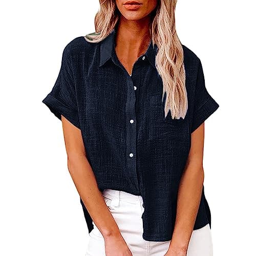 Image of Blouses for Women UK Shirts for Women UK Cotton Linen Plus Size Short Sleeve Button Down Top Summer Causal Fashion Solid Tees Loose Blouse Navy Womens Tops Size 12 Going Out L