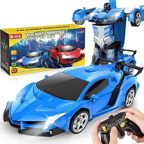Image of Britik Toys for Kids 3-8 Year Old: Transforming Remote Control Car Toys Gifts for Boys Age 3 4 5 6 7 8 Birthday Presents Toy for Toddler Transformable 2 in 1 Robot RC Car Toy 360° Rotating-Blue