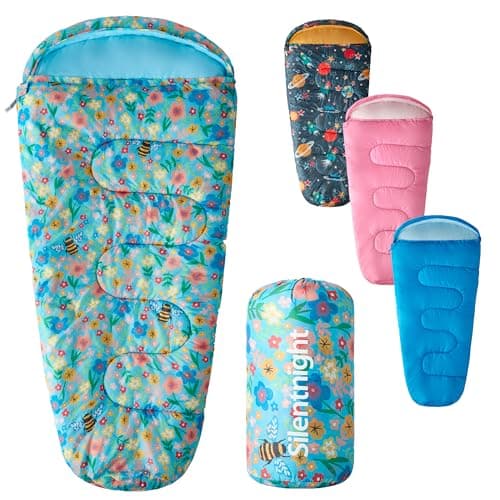 Image of Silentnight Kids Sleeping Bag - Girls Boys 3 Season Mummy Sleeping Bag Ideal for Spring and Summer with Soft Touch Warm Cosy Fabric and Fibres - Machine Washable - 165 x 82cm - Floral Bees