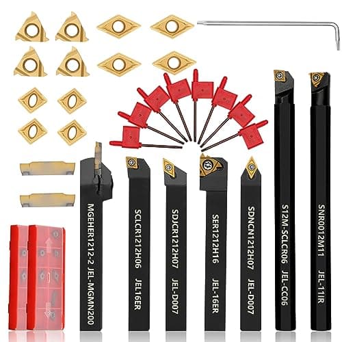 Image of Joogto Indexable Lathe Turning Tool 21Pcs Kit 1/2'' 12mm Shank 7 Pcs Metal Lathe Tool Holder Set for Turning Grooving Threading Boring with 14 Pcs Carbide Inserts Turning Inserts Carbide Turning Tool
