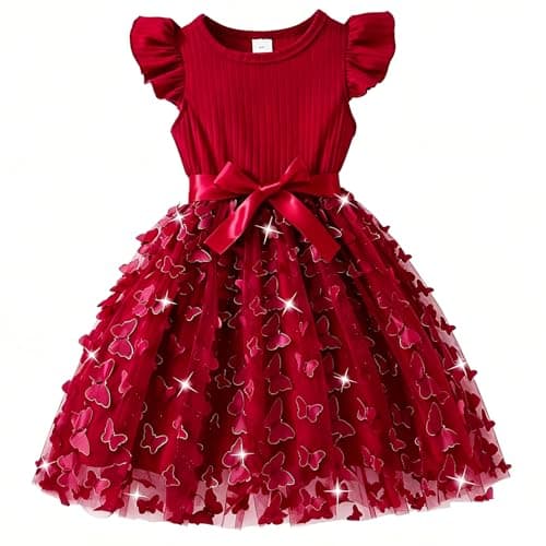 Image of JiAmy Girls Tulle Dress 3D Butterfly Applique Ruffle Sleeve Summer Casual Princess Dresses for Toddler Kids 4-5 Years,Wine red