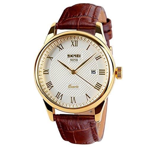 Image of SKMEI Business Men's Watch with Roman Numerals and Leather Strap Analogue Quartz, Brown and gold, Classic