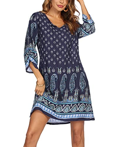 Image of Women 2026 Summer Dress Boho Floral 3/4 Sleeve Ladies Casual Swing Midi Dress Navy Blue L