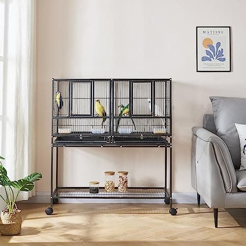 Image of Panana Large Bird Cages Parrot Cage Wide Flight Metal Animal Cage for Budgie Parakeet Conure With Rolling Stand Wheels (Black, 95L x 45.5W x 105H)
