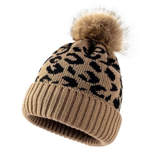 Image of Michear Knit Beanie Hats for Women Soft Leopard Pattern Bobble Hat Faux Fur Hats for Women UK Warm Winter Hats for Women Skull Cap for Casual Outdoor Use Womens Hats (UK, Alpha, One Size, Brown)