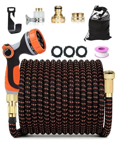 Image of 150FT Expandable Garden Hose, Flexible Magic Water Hose with 3/4" & 1/2" Fittings, 10-Pattern Thumb Control Spray Nozzle, 3750D Durable Outer Layer, Leakproof, Kink-Free & Lightweight, Orange