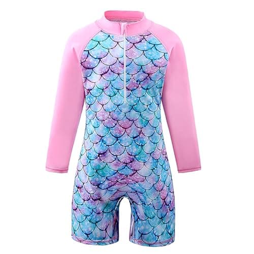 Image of BOVOSHA Girls Mermaid Swimming Costume Kids One Piece Long Sleeve Swimsuit Swimwear Age 3-14 Years (Pink, 12-14T)
