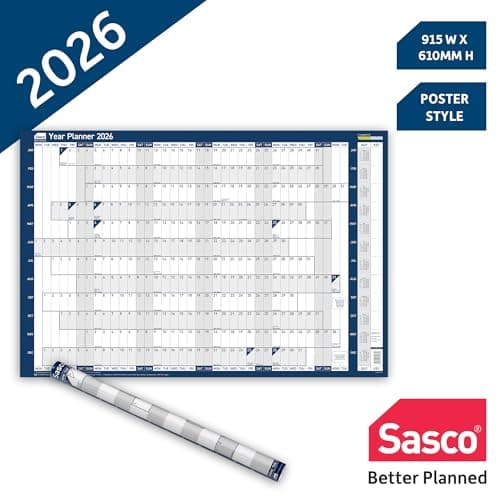 Image of Sasco 2026 Wall Planner, Poster Style Year Calendar with Wet Wipe Pen & Stickers, 91.5x61cm, Blue, Wall Calendar 2026 UK and ROI Holidays Marked, Designed for Office, Home, School, and Family Use