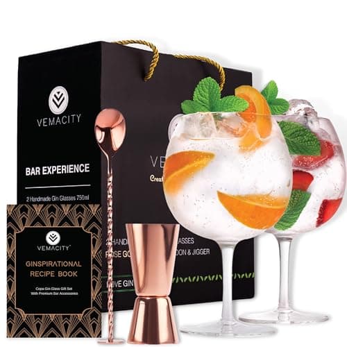 Image of Vemacity Crystal Gin Glasses Set of 2 | Handmade Gin Glass Gift Set | Rose Gold Cocktail Spoon, Spirit Measure & Recipe e-Book (PDF) | Aperol Spritz Glasses | Cocktail Glasses | Stylish Gift Box