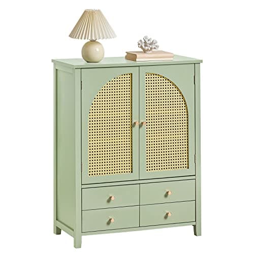 Image of SoBuy Sideboard Storage Cabinet Hallway Cupboard – Living Room Cabinets with 4 Drawers & 2 Doors, Rattan Front, Adjustable Shelves – Green Oak Effect, W70×D34×H90cm – FSB72-GR