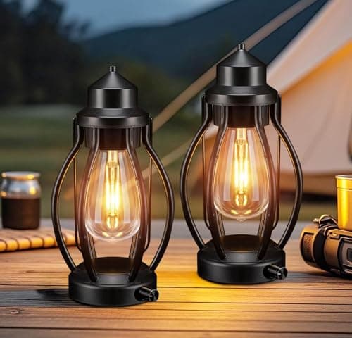 Image of pearlstar 2 Pack Lanterns Metal Battery Operated Table Lamp Vintage Decor Rechargeable with LED Bulb for Garden Camping Indoor Outdoor Living Room