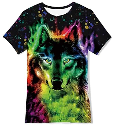 Image of Belovecol Boys Girls 3D T-Shirt Colourful Wolf Short Sleeve Cool Funny Tee Shirts Crewneck T Shirt Kids 6-8 Years