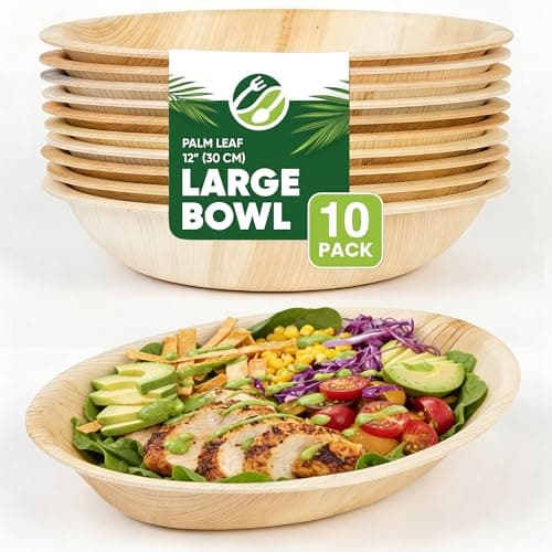 Image of Disposable Palm Leaf Bowls – Pack of 10, 12" (30cm) Large Oval Compostable for Salad, Eco-Friendly, Biodegradable, Heavy-Duty, Microwave & Oven Safe – for Weddings & Parties