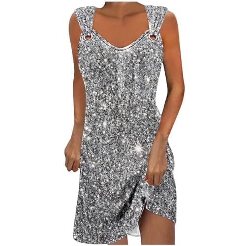 Image of AMhomely Sparkling Dress for Women Party Ladies Sleeveless Summer Dresses V Neck Sequins Print Casual Beach Dress Midi Length Shift Baggy Pullover Going Out Silver XXL