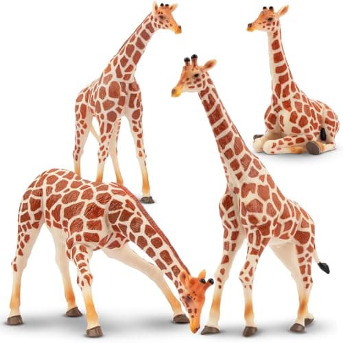 Image of toymany 4PCS Realistic Giraffe Figurines with Giraffe Cub, Plastic Jungle Animals Figures Family Playset Includes Baby, Educational Toy Cake Toppers Christmas Birthday Gift for Kids