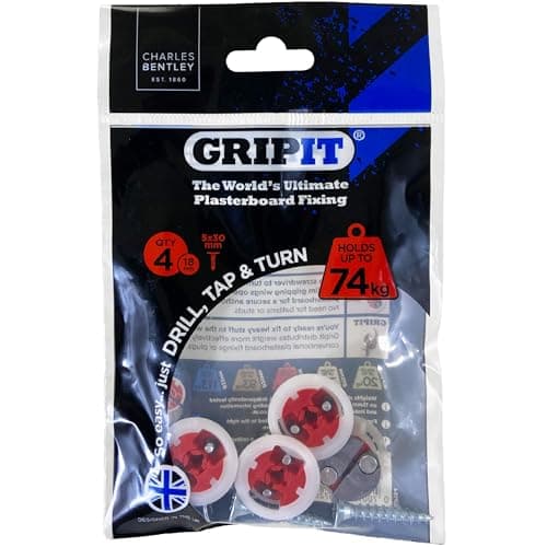 Image of Gripit Red Plasterboard Fixings - Heavy Duty Plasterboard Fixings for Drywall & Stud Walls, Holds Up to 74kg - Ideal for Shelves, Shower Units and Speakers - Easy Install & UK Designed (4 Pack)