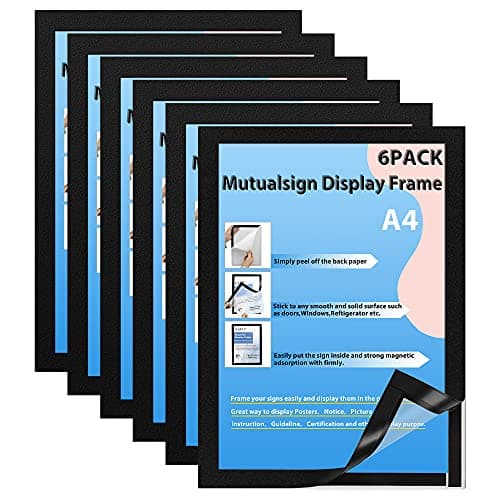 Image of Mutualsign A4 Magnetic Frames，6PCS A4 Self Adhesive Frame, Window/Wall Display Holder for Ads,Notices,License.(6Pack,Black)