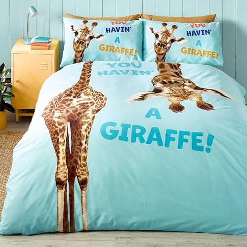 Image of Catherine Lansfield Kids Havin A Giraffe Reversible Double Duvet Cover Set with Pillowcases Aqua Blue