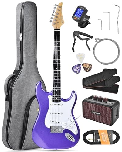 Image of Leo Jaymz Beginner Electric Guitar Complete Kit with Portable Amp, Padded Gig Bag & Full Accessories, Maple Neck SSS Pickups (Purple)