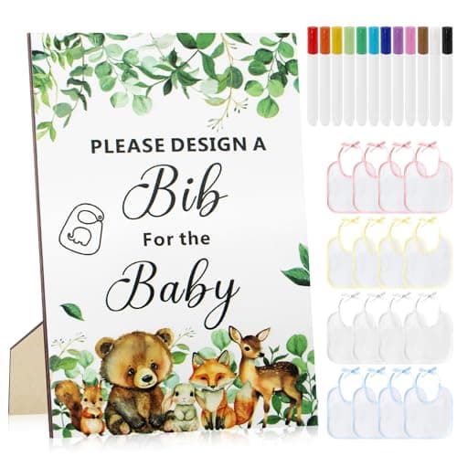 Image of SPOKKI 29PCS Baby Bibs for Painting,16 Water Proof Drawing Bib + 12 Color Markers + 1 Wooden Sign,Baby Shower Games,Baby Shower Decorations,Gender Reveal Decoration