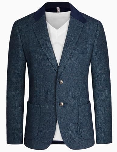 Image of PJ PAUL JONES Mens Herringbone Blazer Vintage Tweed Wool Blend Sport Coat Jacket, Lake Blue, S