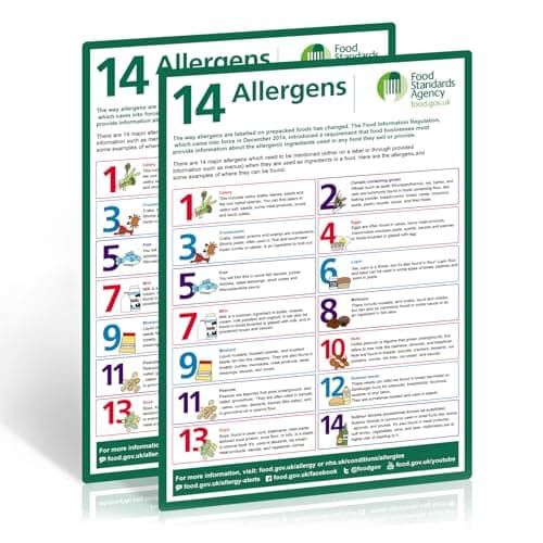 Image of 14 Food Allergens Poster 2 Pack – A4 Self-Adhesive Vinyl Sign (297x210mm), Waterproof Oil-Resistant UV Printed, FSA Compliant Allergy Awareness Notice for Kitchens, Restaurants & Takeaways