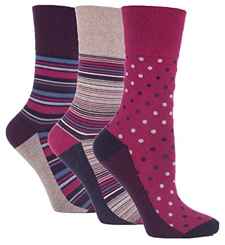 Image of 3 Pairs of Ladies Sock Shop Gentle Grip Patterned Socks, Various Designs/Colours, Ladies UK Size 4-8 (Red Stripe/Dot)