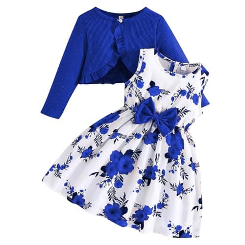 Image of Kunyeah Toddler Girls Dress with Cardigan Set Little Girl Floral Sleeveless Dress Ruffle Coat Baby Long Sleeve Outfit Blue
