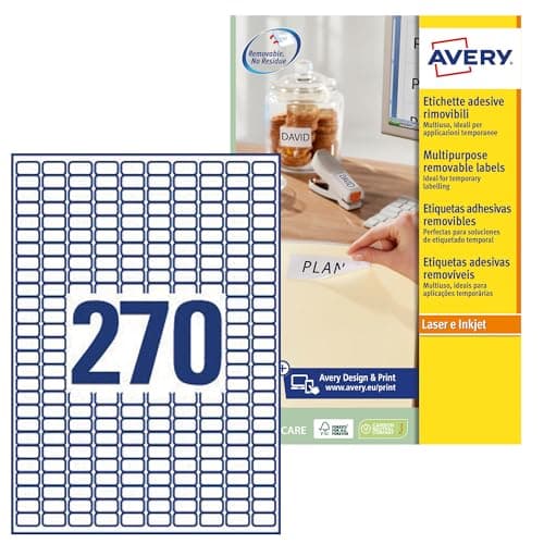 Image of Avery Removeable. No Residue, Printable, Multipurpose Labels, Customisable, 17.8 x 10mm, 270 Labels per Sheet, 6750 Blank Labels per Pack (L4730REV-25)