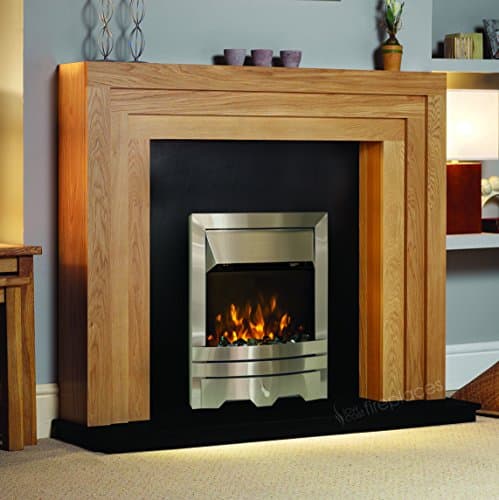 Image of Electric Oak Wood Surround Black Hearth & Back Panel Modern Silver Flame Fire Wall LED Fireplace Suite 48"