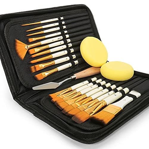 Image of Artify 18 pcs Paint Brush Set for Acrylic Oil Watercolour Gouache Painting Includes Pop-up Carrying Case with 2 Sponges