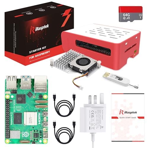 Image of iRasptek Starter Kit for Raspberry Pi 5 RAM 4GB - 64GB Edition of OS-Bookworm Pre-Loaded (Red&White Case)