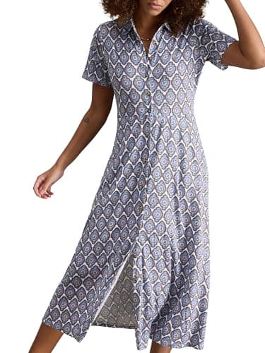 Image of White Stuff Women's RUA Short Sleeve Button Down Jersey Shirt - Blue MLT - Size 12R