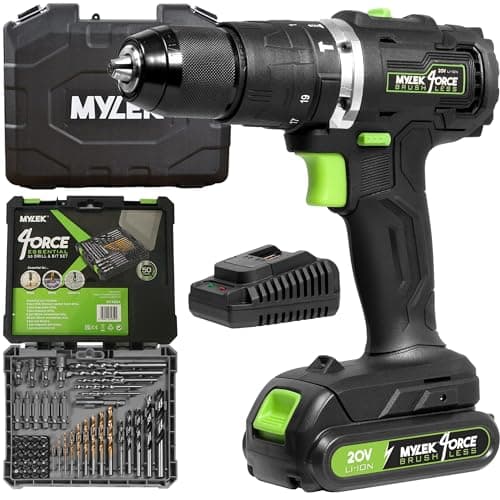 Image of Mylek Cordless Drill 20V Brushless Driver Impact Hammer Action Combi, 2.0Ah Battery and Fast Charger, 50Nm, Screwdriver, 19+3 Torque, Variable Speed, Metal Chuck, Case with Accessory Kit (50 Piece)