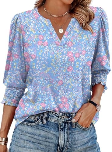 Image of Aokosor Womens 3/4 Sleeve Tops Ladies Blouses V Neck T Shirts Puff Sleeve Tunic Curved Hem Office Wear Size 26-28 Blue Pink Floral