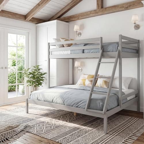 Image of Panana Single Over Double Wooden Bunk Bed Frame, 3FT+4FT6 Triple Sleeper Solid Pine Platform Bed (Grey, Triple1)