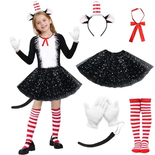 Image of Crittygo Cat in the Hat Costume Set, World Book Day Cat in the Hat Fancy Dress with Dress Striped Socks Tail Headband & Gloves, World Book Day Dress Up Costumes