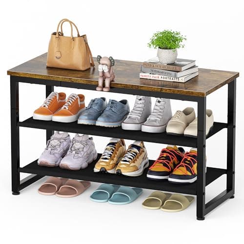 Image of SIMPDIY Shoe Rack, 3 Tier Shoe Storage with Wooden Shelf, Shoes Bench Storage with Seat for Entryway Living Room Hallway Bedroom, Load Capacity 150 kg, Rustic Brown