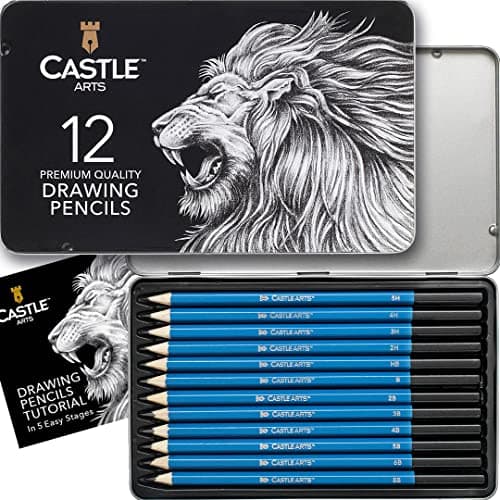 Image of Castle Art Supplies 12 Piece Graphite Drawing Pencils Set | for Adult Artists – Beginners and Advanced | Presented in Attractive, Compact, Sturdy Metal Case with Tutorial