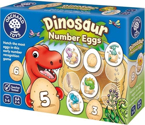 Image of Orchard Toys Dinosaur Number Eggs Number and Counting kids Educational Game For Dinosaur Fans Aged 3-6, Green, Blue, Yellow, Brown