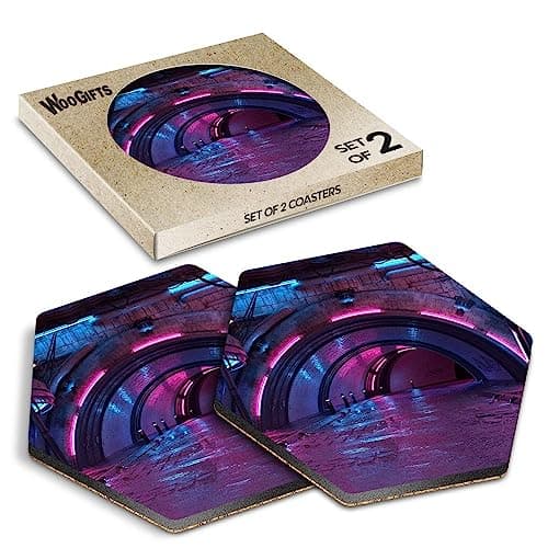 Image of 2 x Hexagon Coasters - Futuristic City Cyberpunk Neon Lights Cork Backed MDF Glossy Tea Coffee Accessory #52877