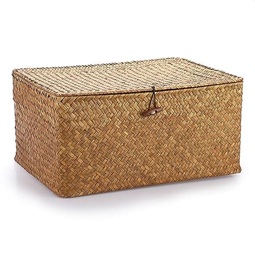 Image of IGNPION Seagrass Storage Basket with Lid Woven Wicker Desktop Basket Rectangular Bathroom Storage Organiser Box, Living Room Decorative Under Shelf Basket Multipurpose Storage Hamper (XL, Caramels)