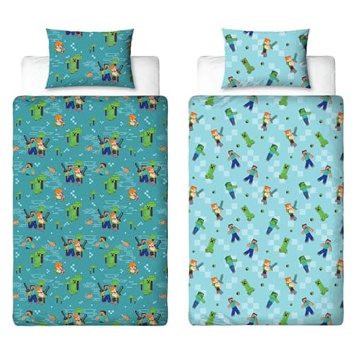 Image of Minecraft Officially Licensed Single Duvet Cover Set | Level Up Design Reversible 2 Sided Bedding Includes Matching Pillowcase | Single Duvet Cover Set