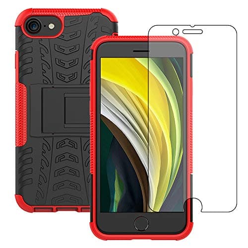Image of Yiakeng iPhone 8 Case, iPhone 7 Case with Screen Protector, Shockproof Silicone Protective with Kickstand Hard Phone Cover for iPhone SE 2020/7/8 (Red)