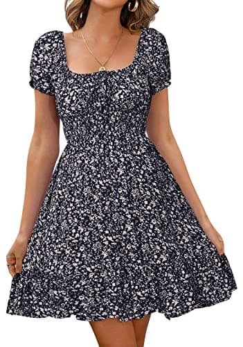 Image of Livonmone Womens Summer Casual Sweetheart Neckline Puff Sleeve Floral Print High Waist Dress Boho Beach Mini Short Dresses (Navy, M)